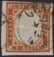 Sard600 - 1862 - IV emissione c. 10 arancio rossastro II tavola usato a Genova 21/5/63 (14Dh)