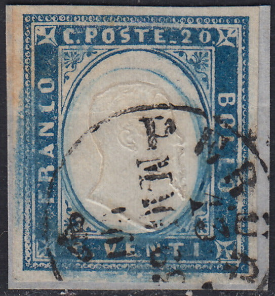 1860 - 1/2 tornese azul oscuro llamado "Croce di Savoia" utilizado en el periódico IL PAESE del 1/1/1861 (16b)