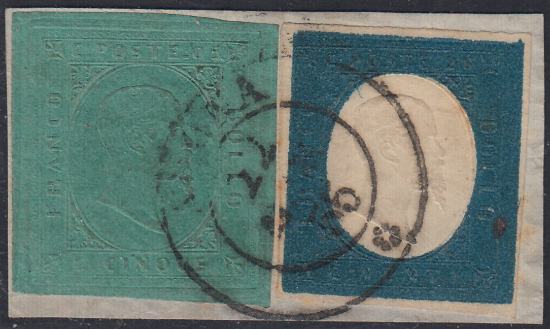 Sard627 - 1855 - II emissione c. 5 verde in affrancatura mista con III emissione c. 20 azzurro su frammento con annullo ARONA (4 + 8).