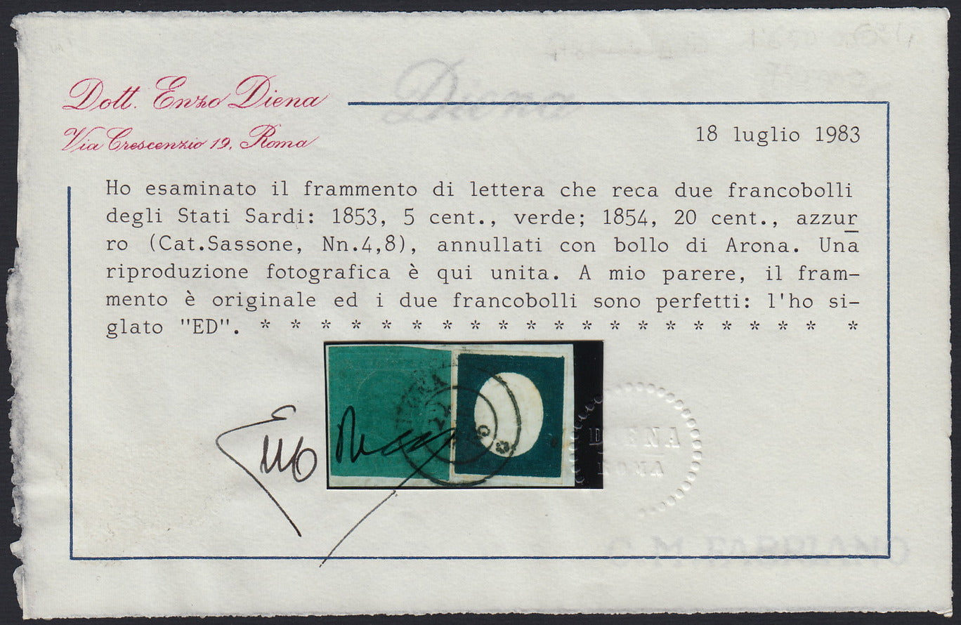 Sard627 - 1855 - II emissione c. 5 verde in affrancatura mista con III emissione c. 20 azzurro su frammento con annullo ARONA (4 + 8).