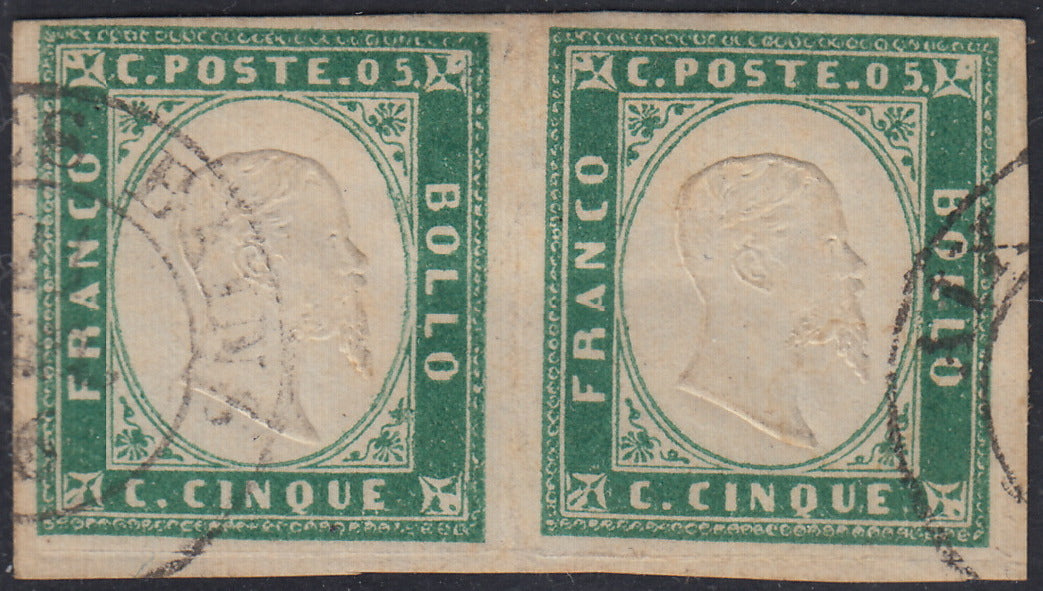 Sard635 - 1855 - IV emissione c. 5 verde smeraldo I composizione coppia orizzontale usata (13d)