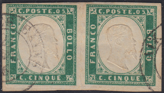 Sard635 - 1855 - IV emissione c. 5 verde smeraldo I composizione coppia orizzontale usata (13d)