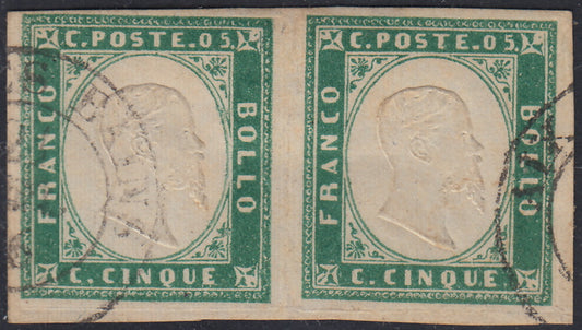 Sard635 - 1855 - IV issue c. 5 emerald green I horizontal pair composition used (13d)