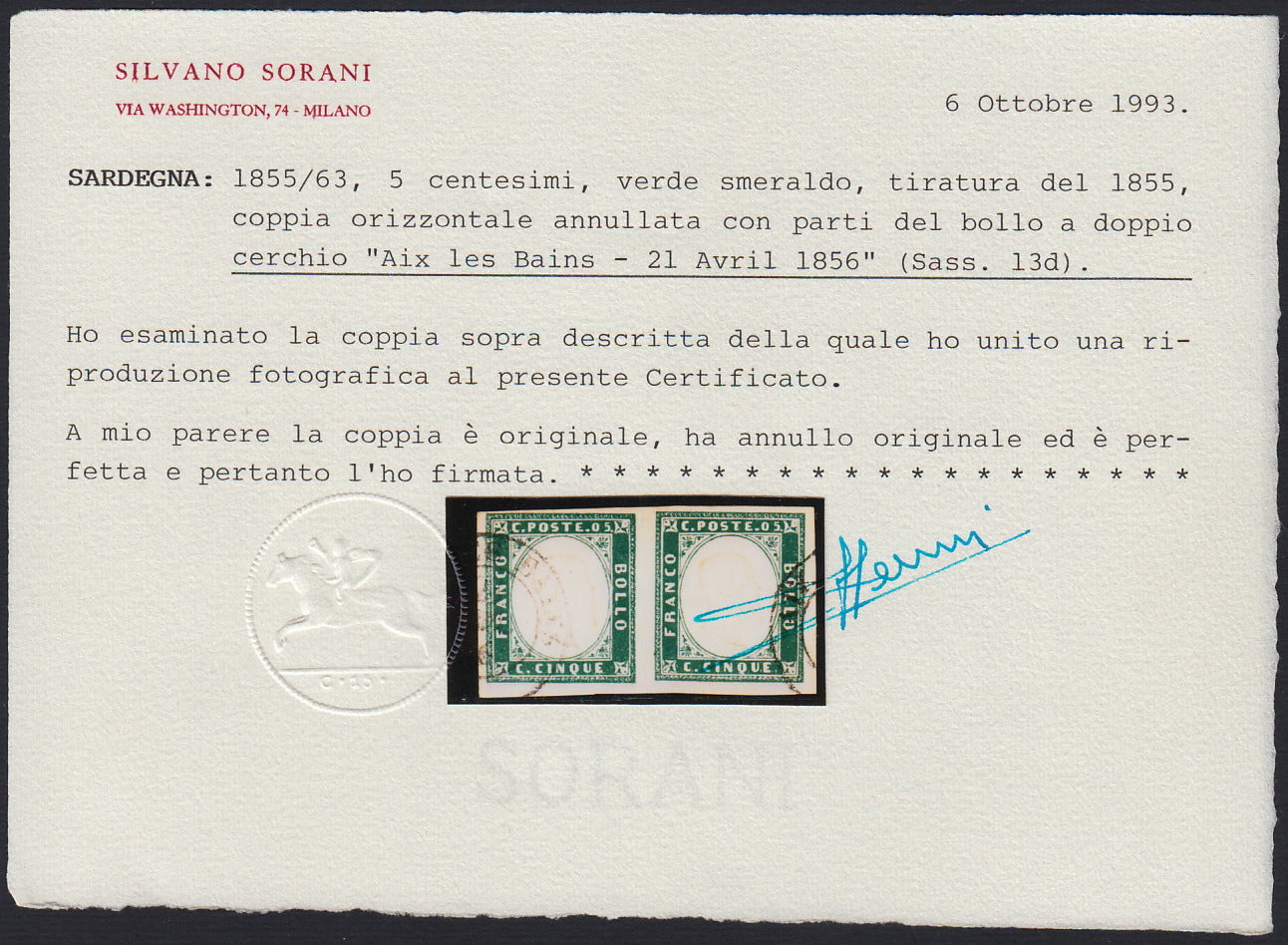 Sard635 - 1855 - IV emissione c. 5 verde smeraldo I composizione coppia orizzontale usata (13d)