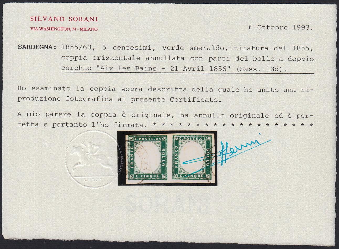 Sard635 - 1855 - IV issue c. 5 emerald green I horizontal pair composition used (13d)