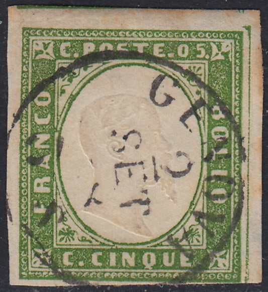 Sard639 - 1857 - IV issue c. 5 green yellow I composition used (13Ad)