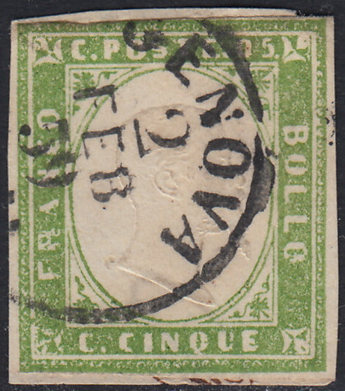 Sard808 - 1859 - IV emissione c. 5 verde giallo III composizione usato Genova 2/2/59 (13Ba)