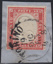 SARD826 - 1863 - IV emissione c. 40 rosa vermiglio smorto usato su framemnto 19/12/63, ultimo mese d'uso (16Fa)