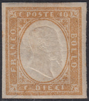 Sard827 - 1863 - IV emissione c. 10 bistro chiaro II tavola nuovo con gomma (14Ea)