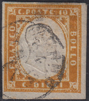 Sard834 - 1862 - IV emissione c. 10 bistro arancio II tavola usato (14Df)