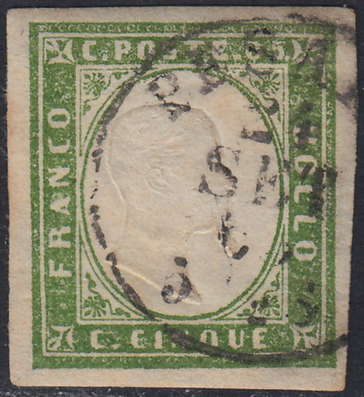 Sard843 - 1863 - IV emissione c. 5 verde chiaro smorto IV composizione usato PESARO (13Eb)