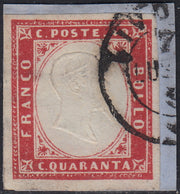SARD854 - 1860 - IV emissione c. 40 carminio lillaceo chiaro usato su frammento (16Cb)