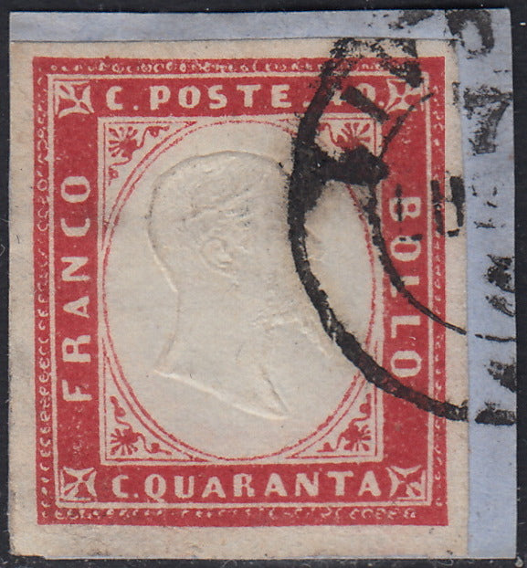 SARD854 - 1860 - IV emissione c. 40 carminio lillaceo chiaro usato su frammento (16Cb)