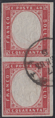 SARD855 - 1862 - IV emissione c. 40 rosa carminio lillaceo coppia verticale usata (16Eb)