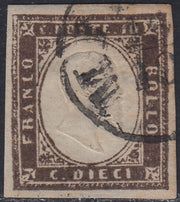 Sard873 - 1859 - IV emissione c. 10 bruno cioccolato scuro I tavola usato (14Af)