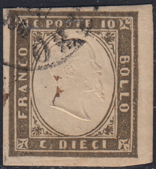 Sard910 - 1861 - IV emissione c. 10 grigio olivastro scuro I tavola usato (14Ca)
