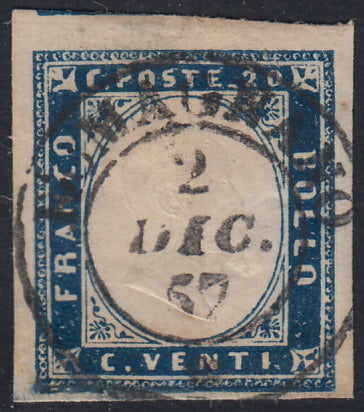 Sard940 - 1857 - IV emissione c. 20 azzurro oltremare I tavola tiratura 1857 usato ROMAGNANO (15Aa)