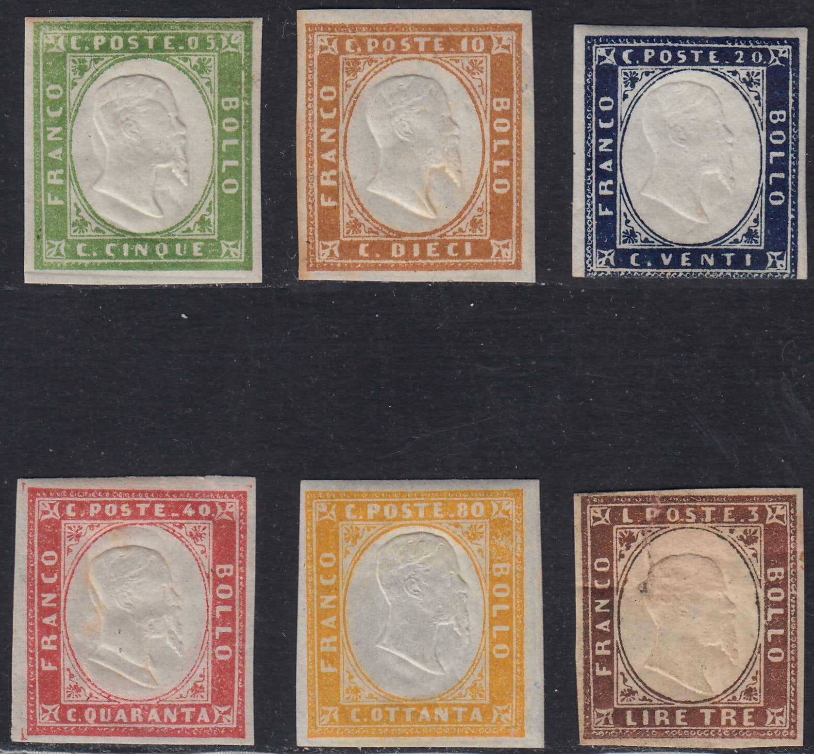 Sard950 - 1862/63 - IV emissione serie dei sei valori tipo nelle tonalità più comuni nuovi con gomma (13Eb, 14E, 15E, 16F, 17Da, 18)