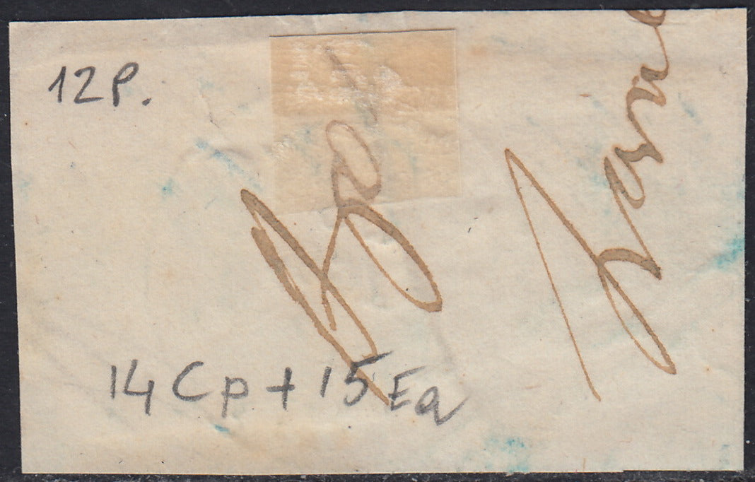 Sard56 - 1861/63 - Annulli Sardo-italiani di Sicilia, c. 10 bruno II tavola + c. 20 indaco violaceo scuro II tavola usati con impronta di ROCCAPALOMBA (14Cp + 15Ea, p.ti 12).