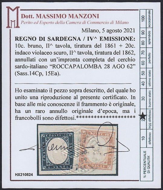 1851 - Effigy of Vittorio Emanuele II facing right, 1st issue c. 20 light blue used late 8/20/57 (2, R2 points)