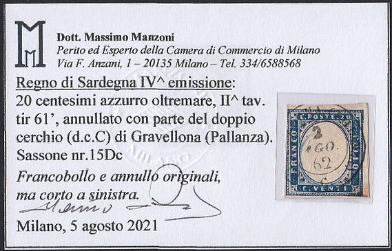 1860 - 1/2 dark blue tornese called "Croce di Savoia" used in the IL PAESE newspaper of 1/1/1861 (16b)