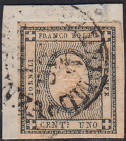 Sard964 - 1861 - Cifra a rilievo, c. 1 nero verdastro usato su frammento con annullo PALERMO PARTENZA (19ba)