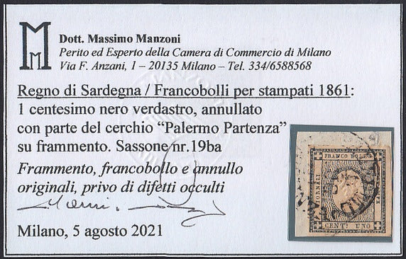 Sard964 - 1861 - Cifra a rilievo, c. 1 nero verdastro usato su frammento con annullo PALERMO PARTENZA (19ba)
