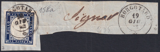 Sard970 - 1862 - IV issue c. 20 indigo with violet reflections used on fragment from Borgotaro 19/6/62 (15Ea).