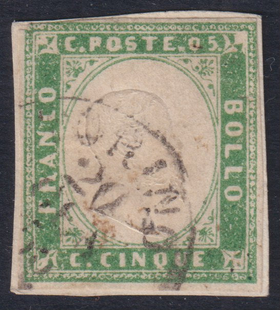 Sard971 - 1855 - IV emissione c. 5 verde pisello I composizione usato (13c)