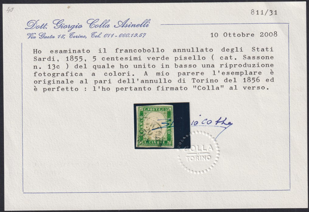 Sard971 - 1855 - IV emissione c. 5 verde pisello I composizione usato (13c)