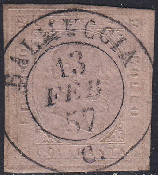 Sard973 - 1853 - II emissione c. 40 rosa chiaro usato con annullo d.c. e C di Balmuccia 13/2/57 (6)