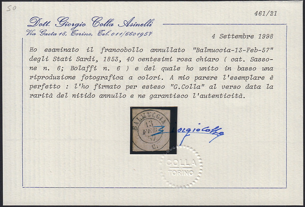 Sard973 - 1853 - II emissione c. 40 rosa chiaro usato con annullo d.c. e C di Balmuccia 13/2/57 (6)