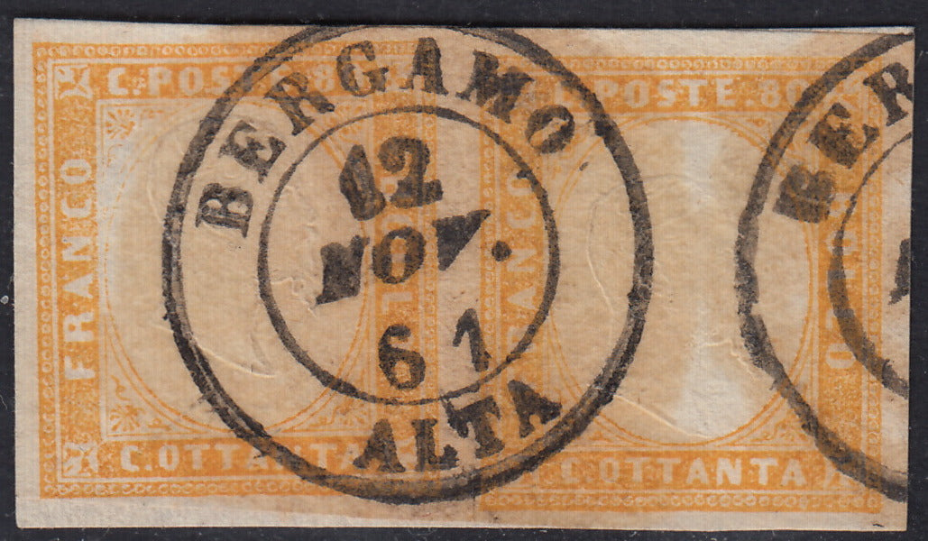 Sard991 - 1861 - IV emissione c. 80 giallo arancio chiaro coppia orizzontale tiratura 1860 usata Bergamo Alta (17B)