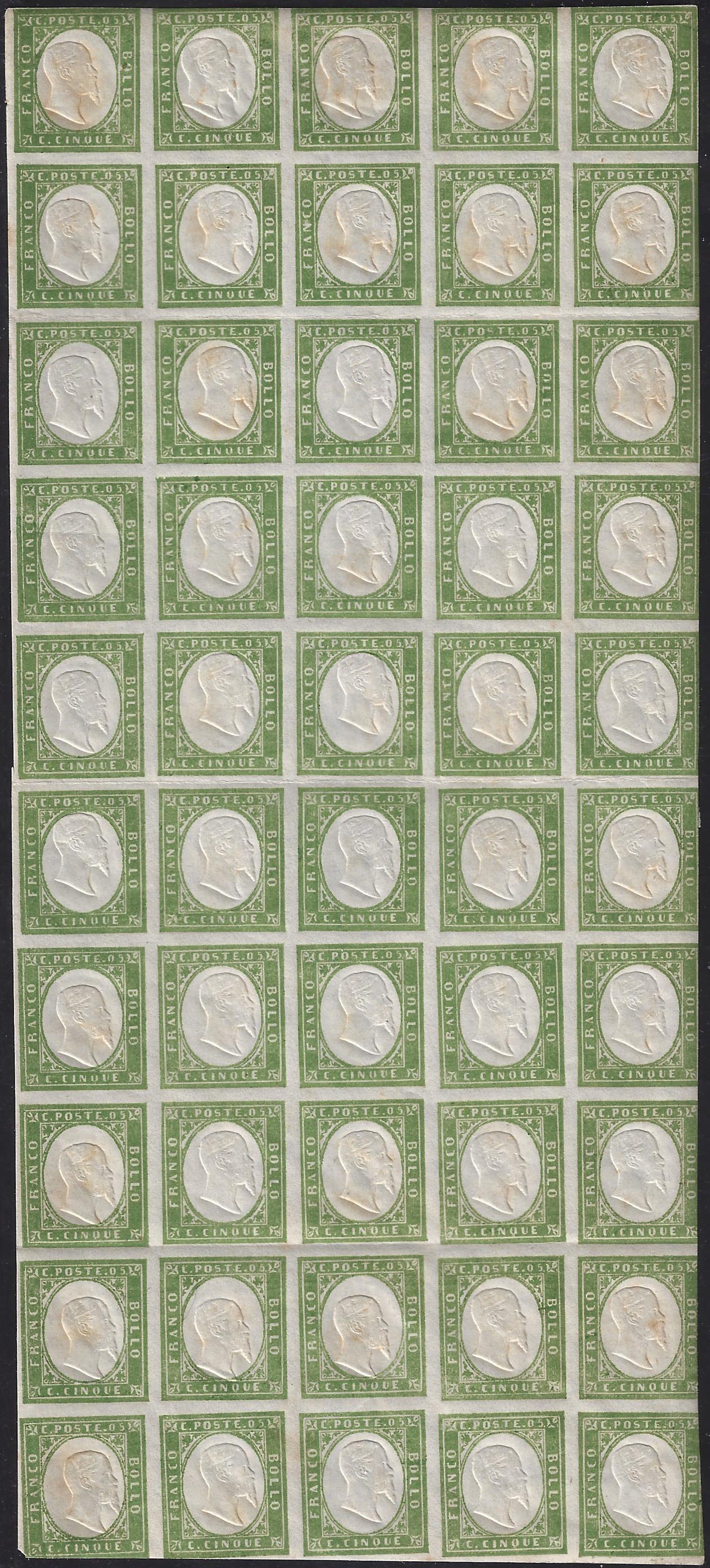 SardF11 - 1863 - IV issue c. 5 dull light green (olive) IV composition complete sheet of 50 copies, new with gum (13Eb).