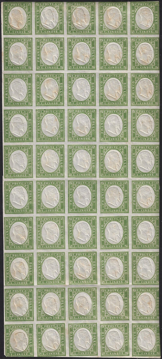 SardF11 - 1863 - IV issue c. 5 dull light green (olive) IV composition complete sheet of 50 copies, new with gum (13Eb).