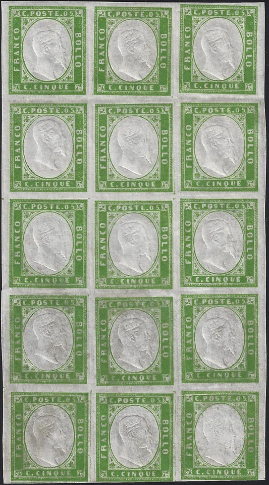 SardF12 - 1859 - IV issue c. 5 bright yellow green III composition block of 15 copies new with intact gum (13B).