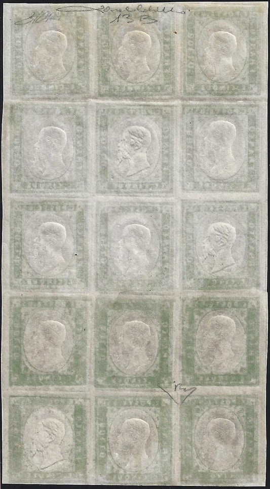 SardF12 - 1859 - IV issue c. 5 bright yellow green III composition block of 15 copies new with intact gum (13B).