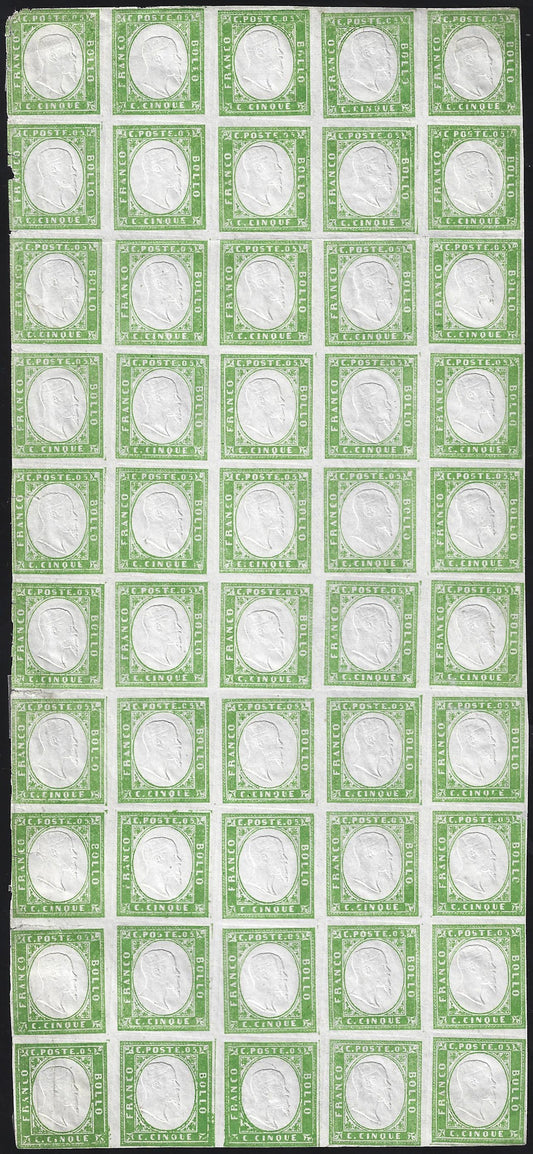 SardF1 - 1859 - IV emissione c. 5 verde giallo III composizione foglio completo di 50 esemplari nuovo senza gomma (13Ba).