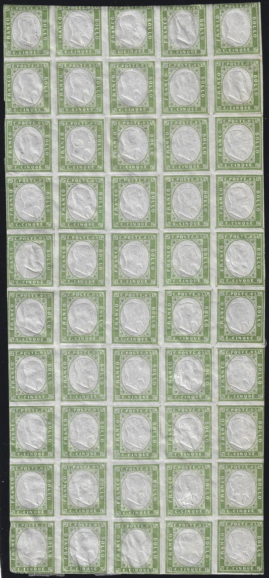 SardF2 - 1859 - IV issue c. 5 light olive green III composition complete sheet of 50 copies, new with rubber (13Bb).