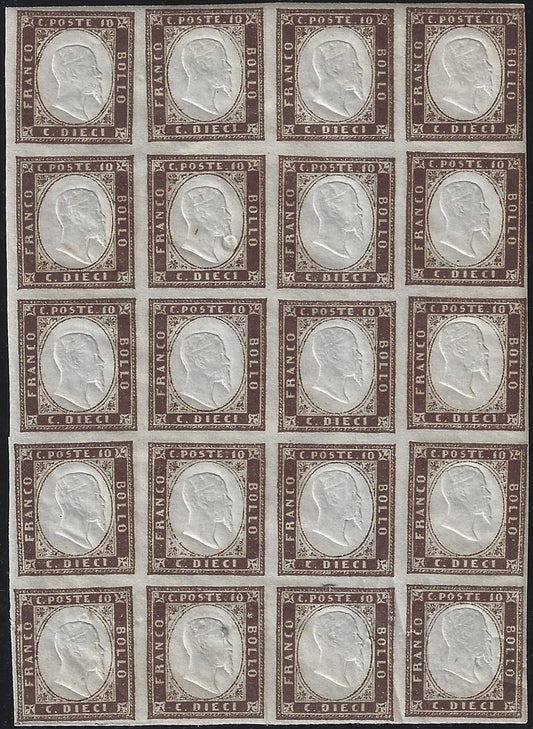 SardF4 - 1859 - IV emissione c. 10 bruno cioccolato scuro I tavola blocco di 20 esemplari nuovo con gomma integra (14Af).