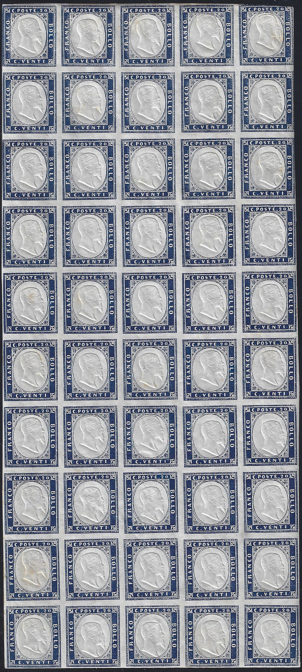 SardF5 - 1862 - IV issue c. 20 light indigo II table complete sheet of 50 copies new with rubber (15Eb).