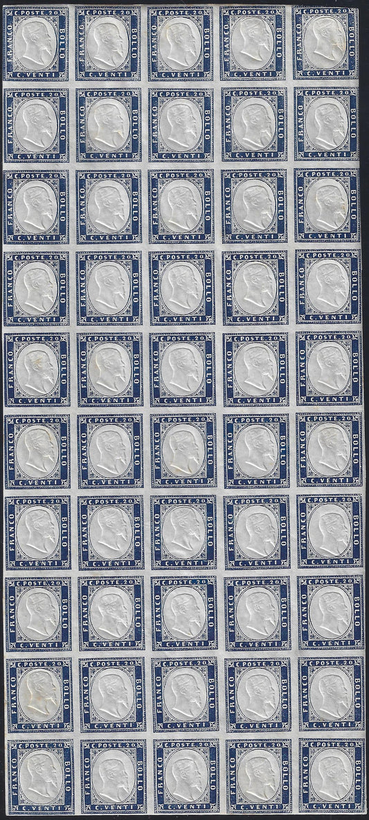 SardF5 - 1862 - IV issue c. 20 light indigo II table complete sheet of 50 copies new with rubber (15Eb).