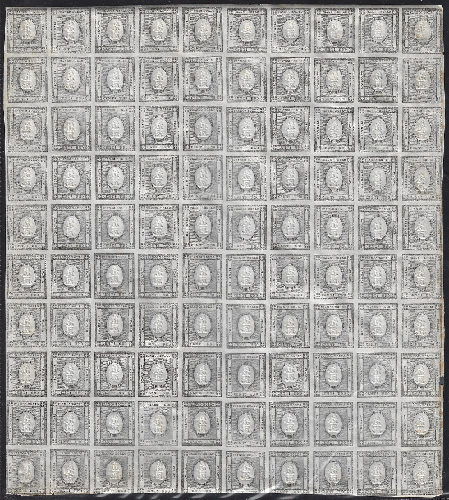 SardF7 - 1861 - Francobolli per le Stampe c. 1 grigio nero foglio completo di 100 esemplari nuovo con gomma integra. (19).
