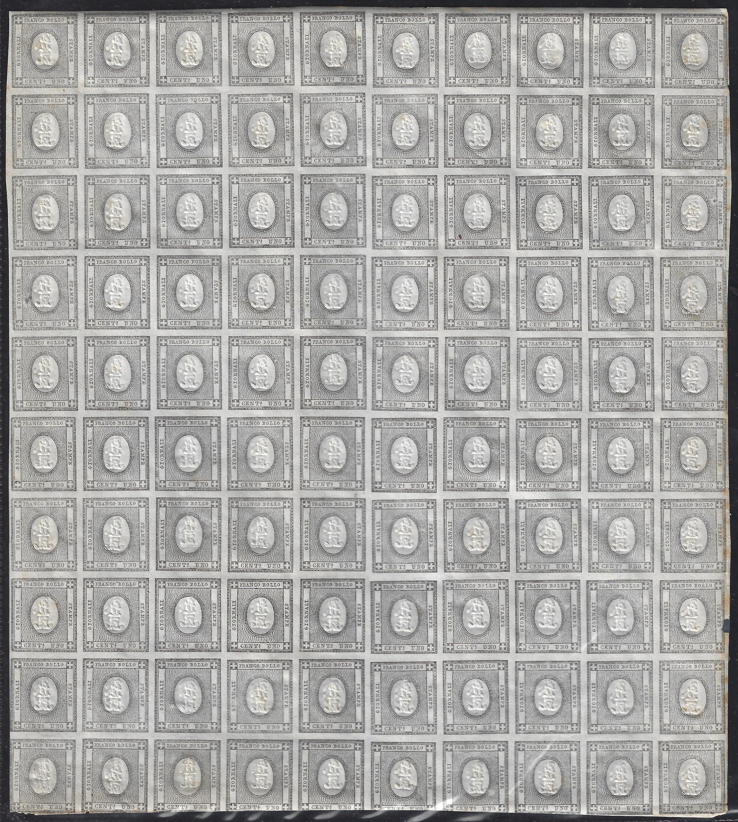 SardF7 - 1861 - Stamps for Printing c. 1 gray black complete sheet of 100 new copies with intact rubber. (19).