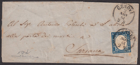 121 - 1861 - IV issue, c.20 greyish cobalt II plate on letter from Genoa to Sarzana 2/11/61 (15Dd)