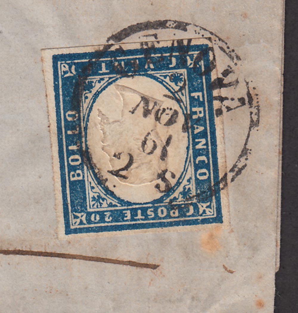 121 - 1861 - IV issue, c.20 greyish cobalt II plate on letter from Genoa to Sarzana 2/11/61 (15Dd)