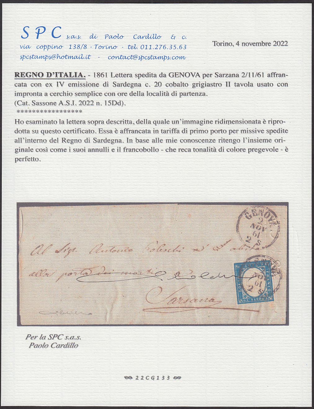 121 - 1861 - IV número, c.20 placa de cobalto II grisáceo en carta de Génova a Sarzana 11/02/61 (15Dd)