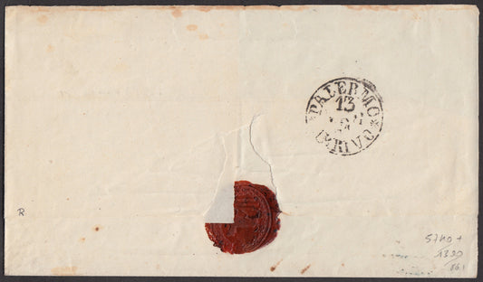 SARD126 - 1861 - Lettera perdita da Acireale per Palermo 11/5/61 affrancata con c. 10 bruno tenue I tavola, primi giorni d'uso dei francobolli sardi in Sicilia (14Ch, p.ti 12)