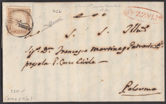 SARD128 - 1861 - Letter sent from Piazza to Palermo 4/6/61 franked with c. 10 pale brown 1st plate used with the red Bourbon oval with friezes of the 1st type (14Ch, points R1) 