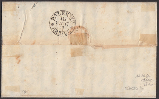 SARD128 - 1861 - Lettera spedita da Piazza per Palermo 4/6/61 affrancata con c. 10 bruno tenue I tavola usato con l'ovale borbonico rosso con fregi del I tipo (14Ch, p.ti R1)